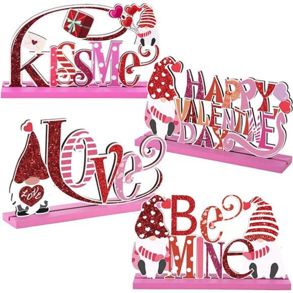 4 Pcs Wooden Cnomes Kiss Me Signs, Be Mine Signs with Pink Hearts